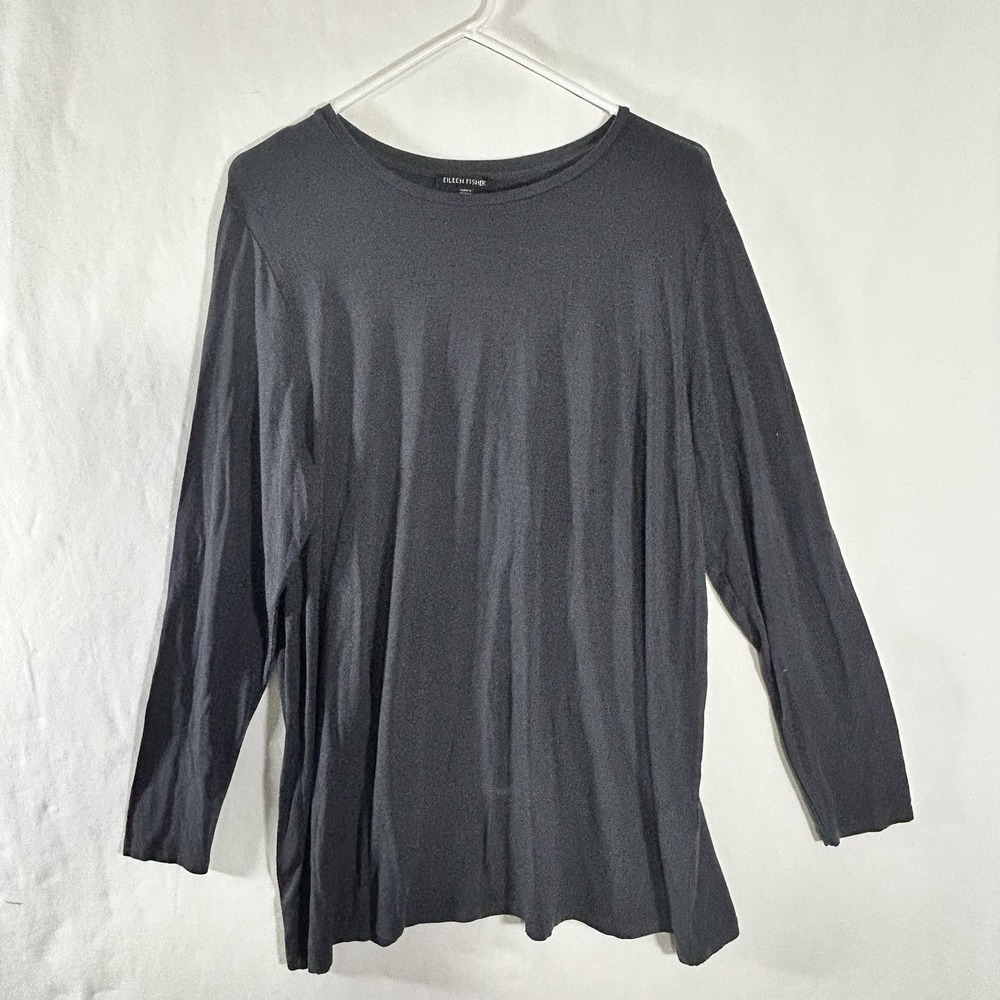 Eileen Fisher Crew Neck Long Sleeve Top Black Gray Jersey Relaxed Fit Large